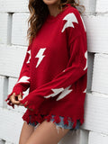 Women Lightning Print Crew Neck Ripped Fringed Long Sleeve Sweaters