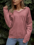 Unifarben Strickpullover mit V-Ausschnitt
