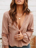 Women Lace V Neck Solid Balloon Long Sleeve Blouses