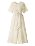 Kurzarm Jumpsuit aus Baumwolle und Leinen mit Schnürung