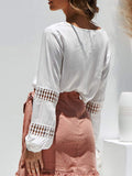 Women Lace V Neck Solid Balloon Long Sleeve Blouses