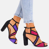 Farbkombination Peep Toe Blockabsatz Riemen Sandale Rot Blau