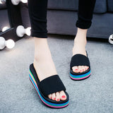 Regenbogen Farben Elastische Band Plateau Keilabsatz Slippers