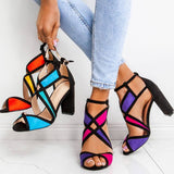 Farbkombination Peep Toe Blockabsatz Riemen Sandale Rot Blau