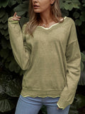 Unifarben Strickpullover mit V-Ausschnitt