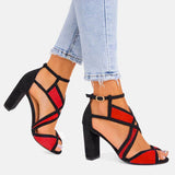 Farbkombination Peep Toe Blockabsatz Riemen Sandale Rot Blau