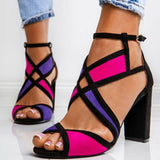 Farbkombination Peep Toe Blockabsatz Riemen Sandale Rot Blau