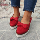 Schleife Plateau Keilabsatz Wildleder Slip-On Sneakers Pink Rot Schwarz