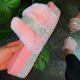 Flauschig Strasssteine Verziert Pantoffel Pink Weiß