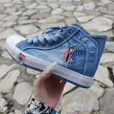 Dreizack Denim Stern Reißverschluss Verziert Schnürsneakers