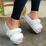 Flauschig Strasssteine Verziert Pantoffel Pink Weiß