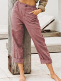 Frauen einfarbige Hose aus Baumwolle und Leinen High Waist
