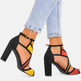 Farbkombination Peep Toe Blockabsatz Riemen Sandale Rot Blau