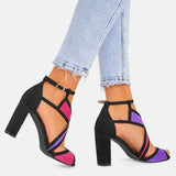 Farbkombination Peep Toe Blockabsatz Riemen Sandale Rot Blau