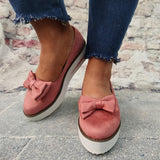 Schleife Plateau Keilabsatz Wildleder Slip-On Sneakers Pink Rot Schwarz