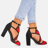 Farbkombination Peep Toe Blockabsatz Riemen Sandale Rot Blau