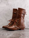 Kunstleder Schnürung-Stiefel Damen mit Verstellbarer Schnalle