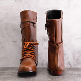 Kunstleder Schnürung-Stiefel Damen mit Verstellbarer Schnalle