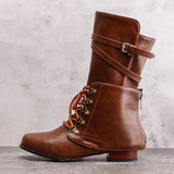 Kunstleder Schnürung-Stiefel Damen mit Verstellbarer Schnalle