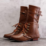 Kunstleder Schnürung-Stiefel Damen mit Verstellbarer Schnalle