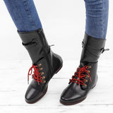 Kunstleder Schnürung-Stiefel Damen mit Verstellbarer Schnalle