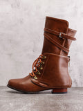 Kunstleder Schnürung-Stiefel Damen mit Verstellbarer Schnalle