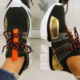 Flyknit Stoff Schimmernd Plateau Keilabsatz Sneakers Armeegrün
