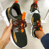 Flyknit Stoff Schimmernd Plateau Keilabsatz Sneakers Armeegrün