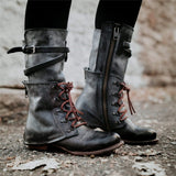 Kunstleder Schnürung-Stiefel Damen mit Verstellbarer Schnalle