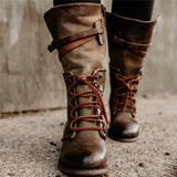 Kunstleder Schnürung-Stiefel Damen mit Verstellbarer Schnalle