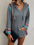 Langärmelig Strickpullover mit Kapuze und V-Ausschnitt für Frauen