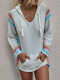 Langärmelig Strickpullover mit Kapuze und V-Ausschnitt für Frauen
