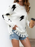 Women Lightning Print Crew Neck Ripped Fringed Long Sleeve Sweaters