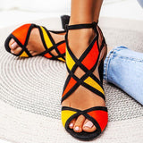 Farbkombination Peep Toe Blockabsatz Riemen Sandale Rot Blau