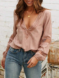 Women Lace V Neck Solid Balloon Long Sleeve Blouses