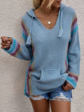 Langärmelig Strickpullover mit Kapuze und V-Ausschnitt für Frauen