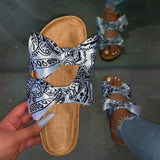 2 Schleife Muster Satin Korksohle Slippers Grün Grau