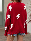 Women Lightning Print Crew Neck Ripped Fringed Long Sleeve Sweaters
