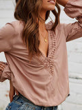 Women Lace V Neck Solid Balloon Long Sleeve Blouses
