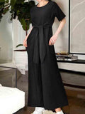 Kurzarm Jumpsuit aus Baumwolle und Leinen mit Schnürung
