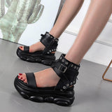 Schwarz Reißverschluss Plateau Keil Sandalette