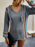 Langärmelig Strickpullover mit Kapuze und V-Ausschnitt für Frauen