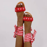 Perle Verzierte Kariert Schnürung Sandalette