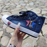 Dreizack Denim Stern Reißverschluss Verziert Schnürsneakers