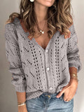 Gestrickt Perforiert V Ausschnitt Elegant Cardigan aus Baumwollemix