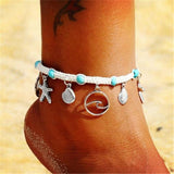 Boho Türkis Perlen Seesterne Muscheln Anhänger Fußkette Schmuck