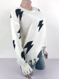 Women Lightning Print Crew Neck Ripped Fringed Long Sleeve Sweaters