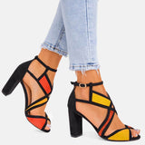 Farbkombination Peep Toe Blockabsatz Riemen Sandale Rot Blau