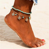 Boho Türkis Perlen Fußkettchen Blumen Anhänger  Füßkette Schmuck