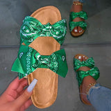 2 Schleife Muster Satin Korksohle Slippers Grün Grau